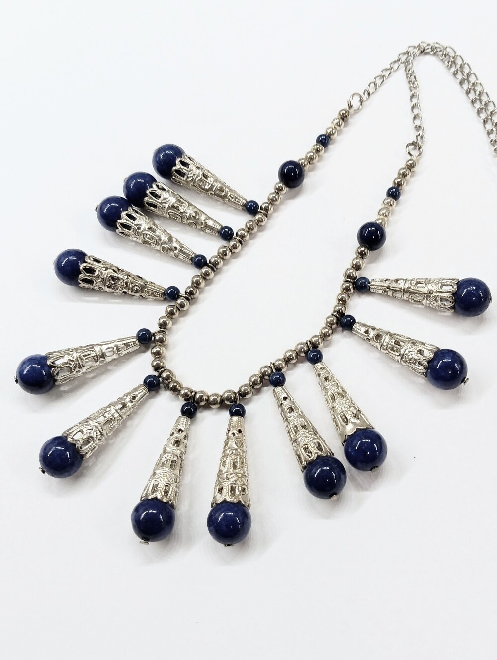 Vintage Dangling Blue Glass Beaded Necklace Egyptian Style